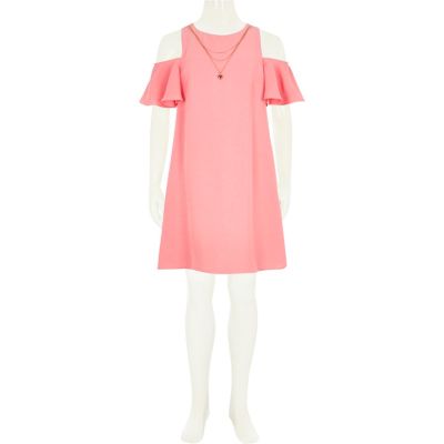 Girls pink cold shoulder dress